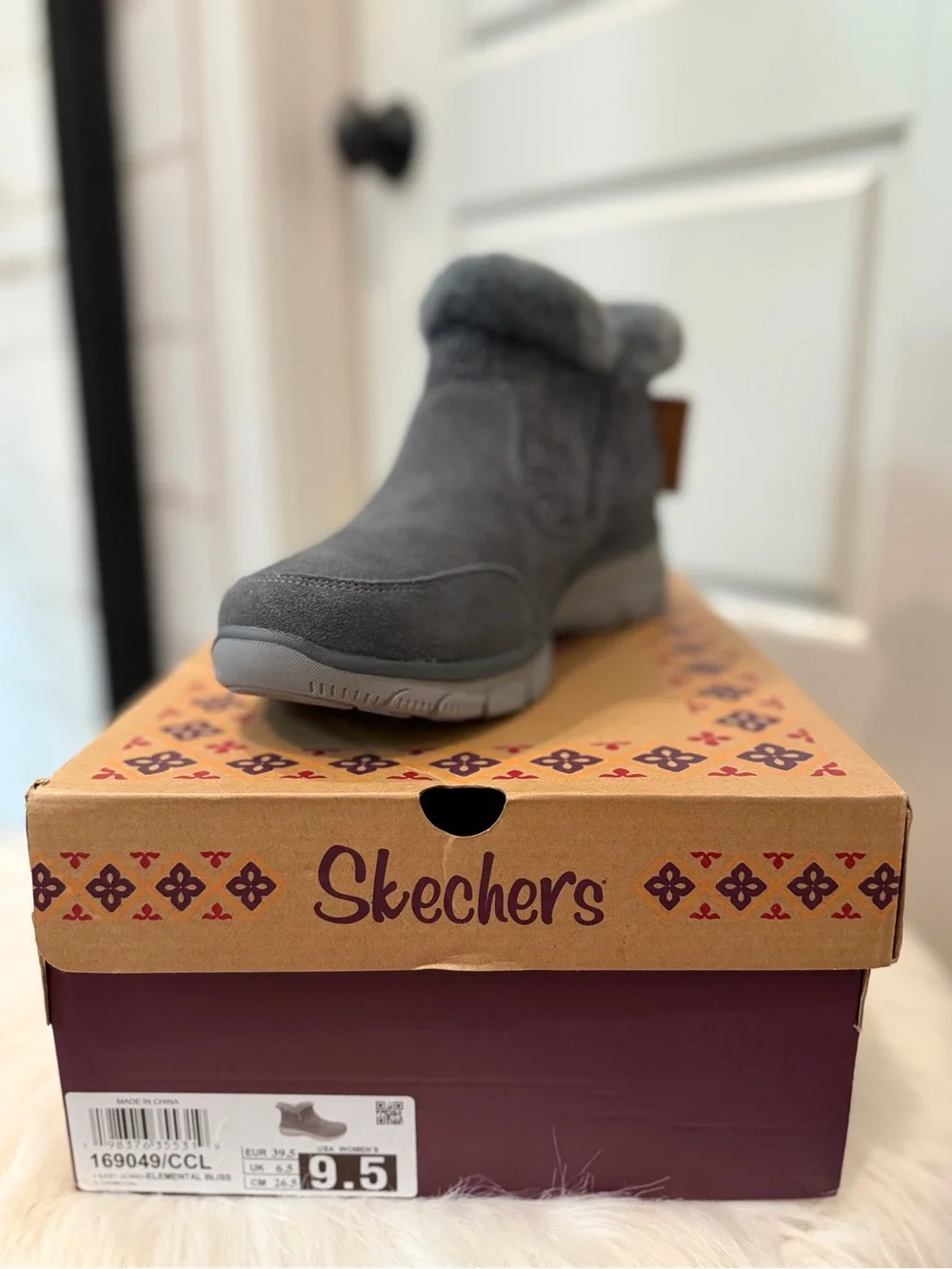 Skechers Gray Faux-Fur Knit Ankle Boots